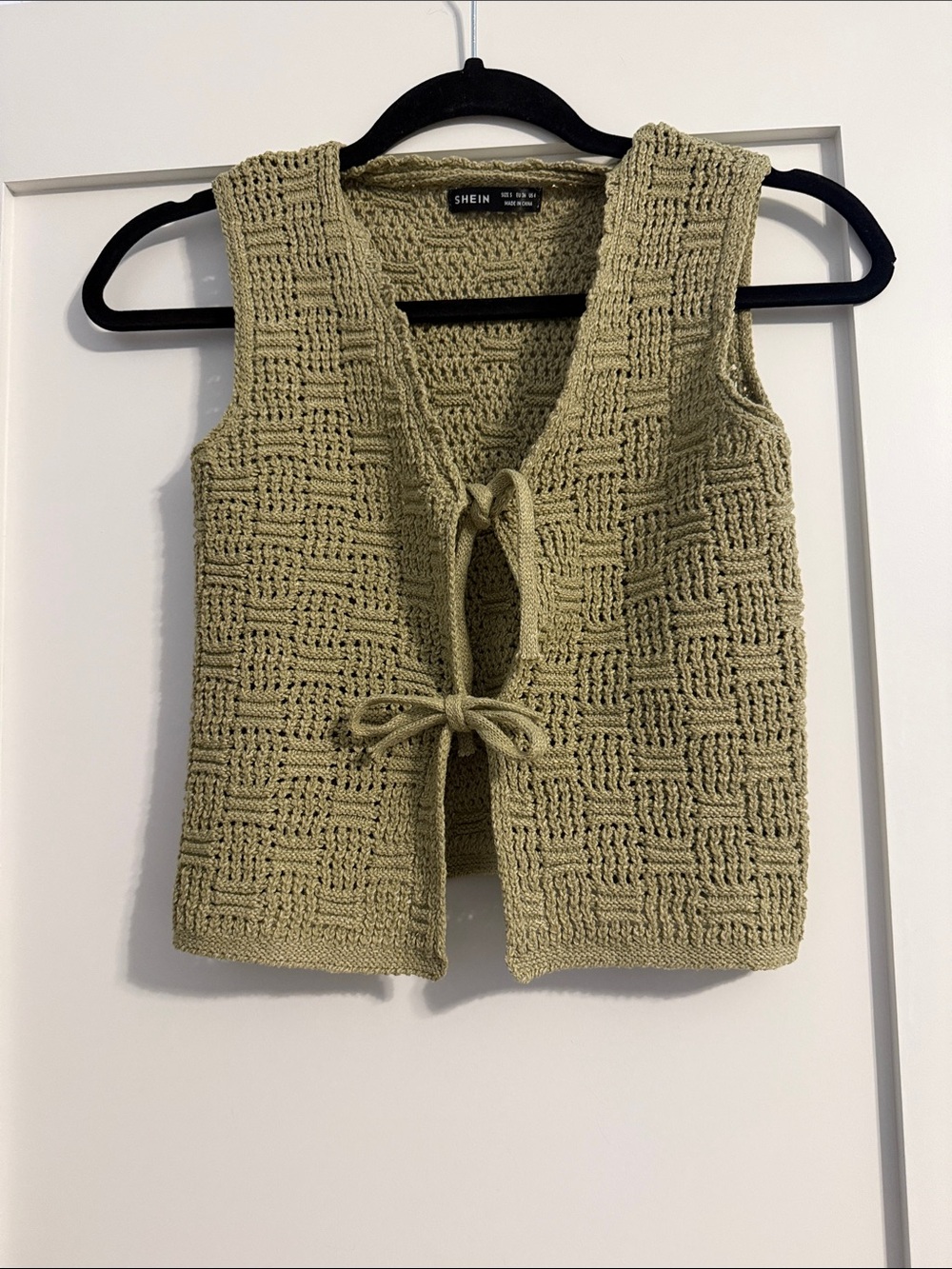 SHEIN Olive Crochet Tie-Front Vest